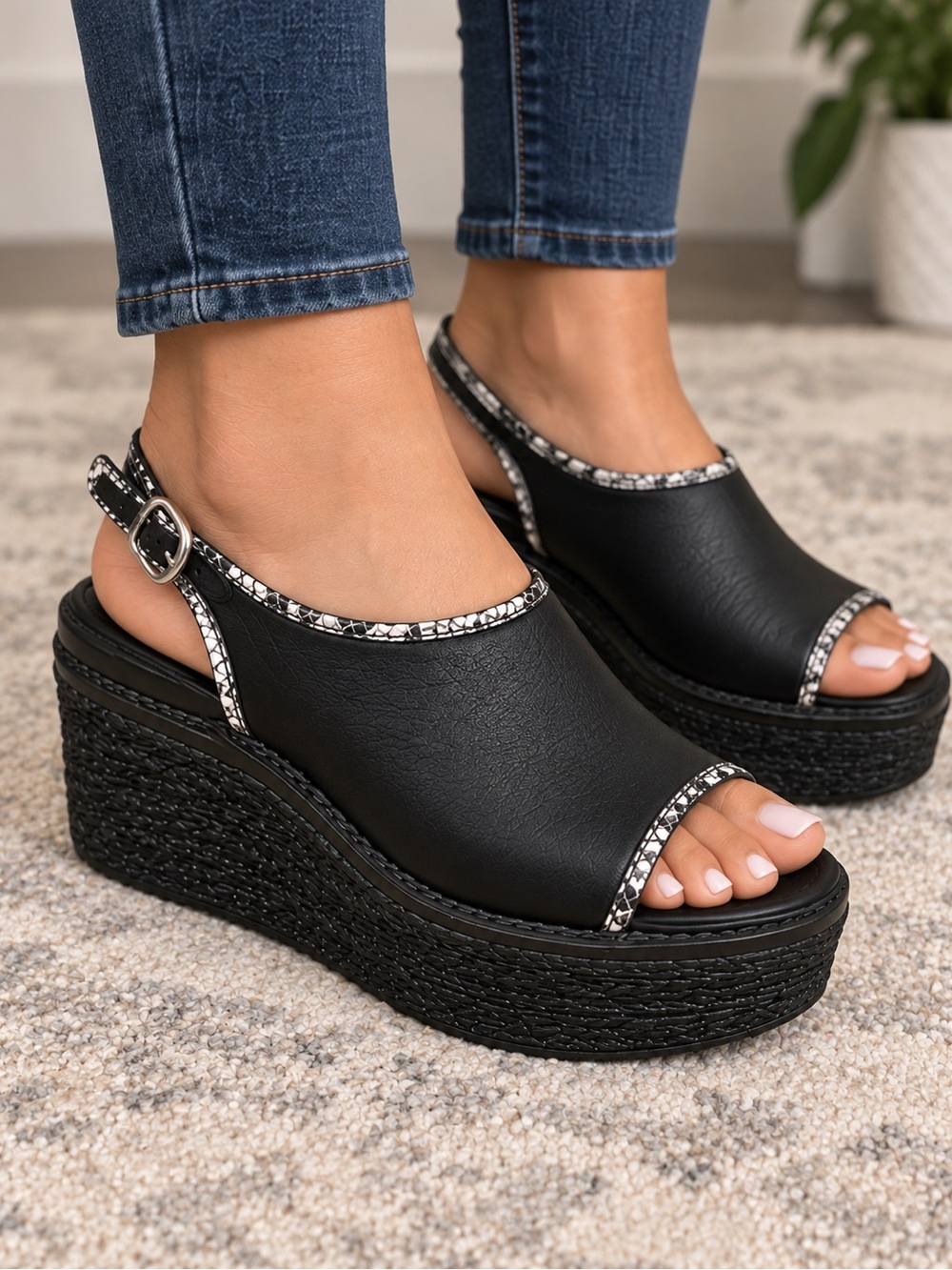 FitFlop Black Leather Platform Wedge Slingback Sandals